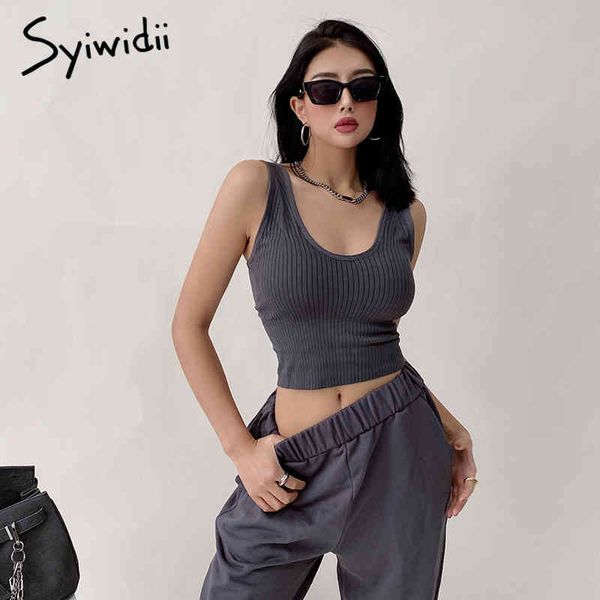 

syiwidii knitted crop for women green black white clothing screw thread tank t shirts streetwear bras summer 210417