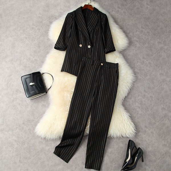 

european and american women's wear new autumn 2022 striped jacket with half sleeves nine minutes of pants fashion suits, White