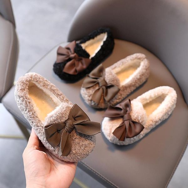 

slipper winter fashion toddler infant kids baby girls warm butterfly knot plush fleece slip on flat loafers shoes casual party 21, Black;grey
