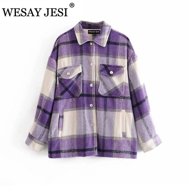 

2021 women color check pattern thick wool fabric loose long sleeve pocket elegant spring and autumn casual jacket women's & blends, Black