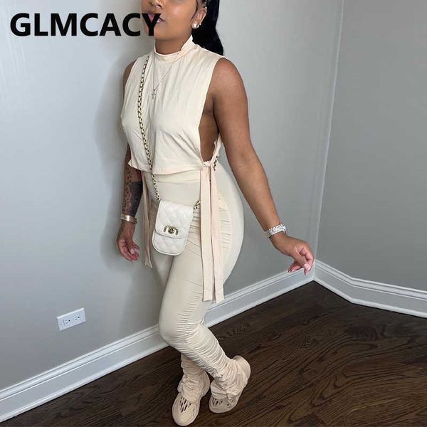 

two piece chic summer suits sleeveless loose & ruched pants set 210702, White