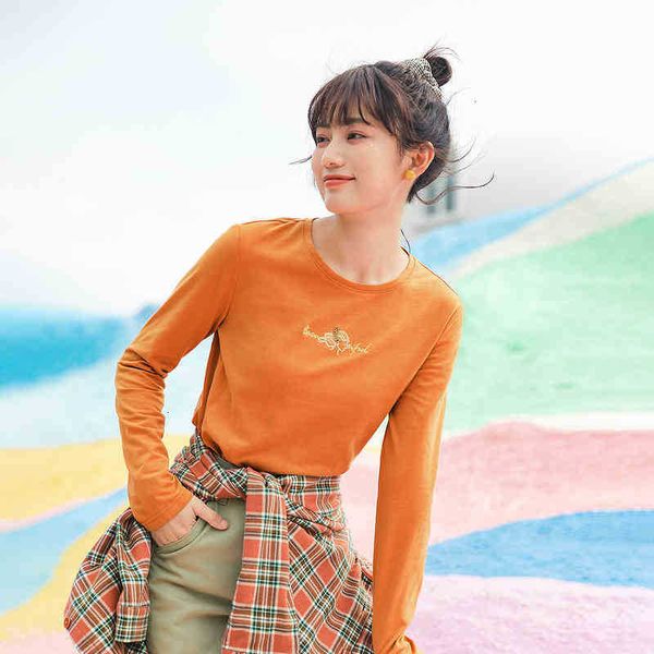 

women's t-shirt t shirts spring arrival pure cotton long sleeve solid color embroidered versatile crew neck t-shirt f3xt, White