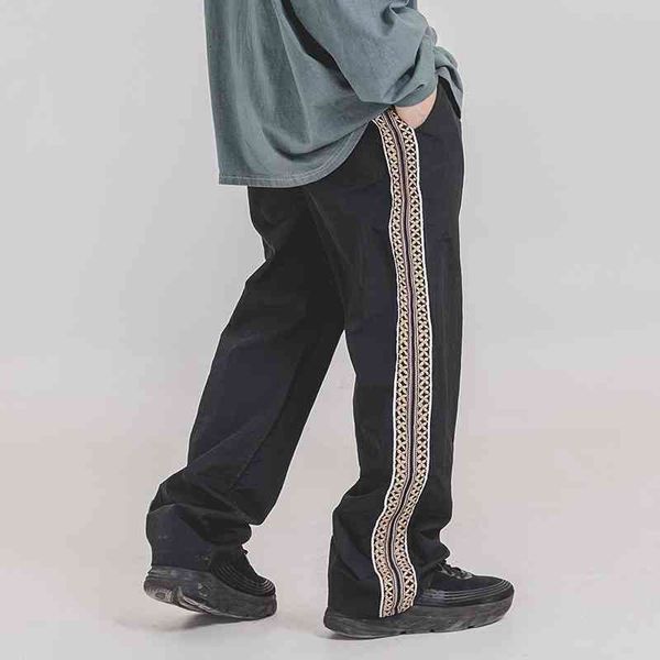 

men's pants hip hop chinese side embroidery loose casual men and women harajuku thin elastic waist wide-leg baggy trousers oversiz, Black