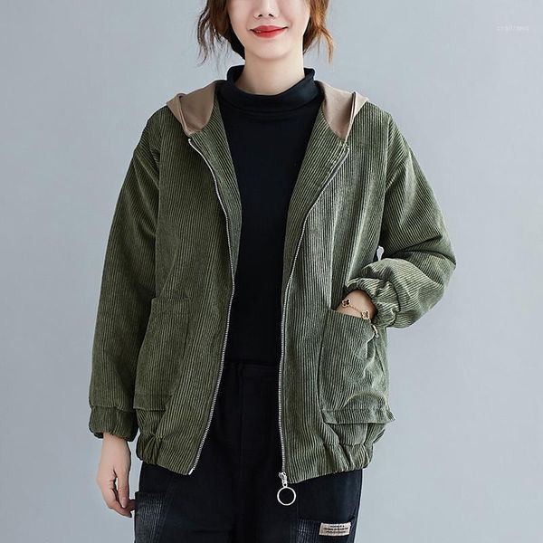 

women's jackets corduroy women hooded with zipp 2021 winter loose big size thick cotton-padded warm coat, Black;brown