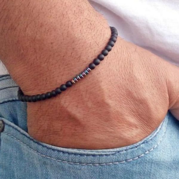 

link, chain fashion men bracelet charms round natural stone beaded bracelets bangles for pulseira masculina jewelry gift, Black