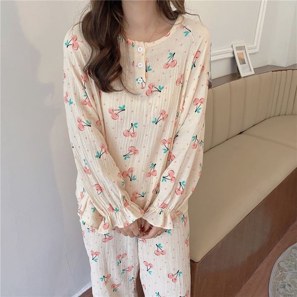 

sleepwear two piece suit o-neck pullovers gentle cheery print sweet homewear korean casual loose chic fashion pajamas set, Black;red