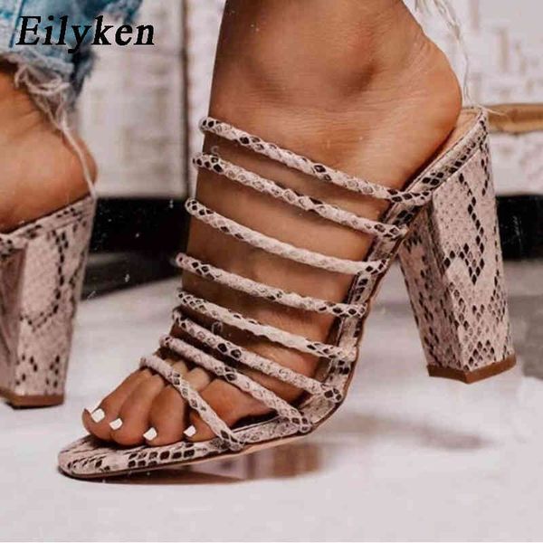 

eilyken 2021 new snake print slippers sandals women open toed block heel slippers mules pumps size 35-42 c0410, Black
