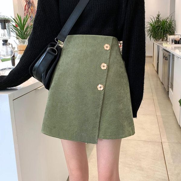 

women autumn winter vintage corduroy skirt lady high waist irregular skirts female slim flower button a-line mini d15, Black