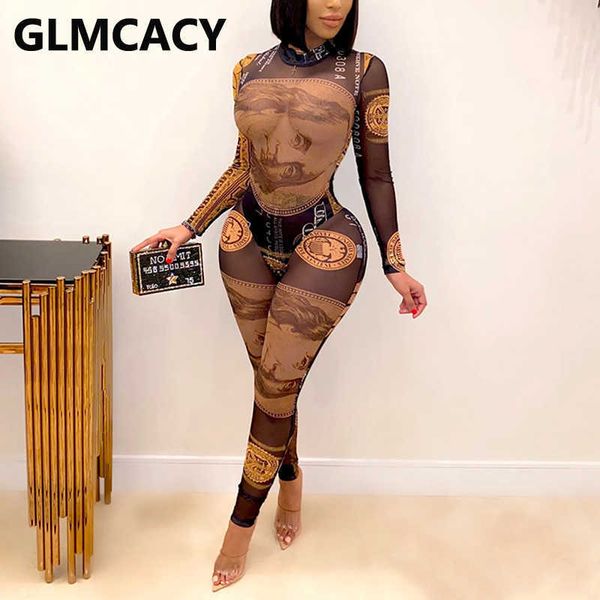 

women ttwo piece usd printed mesh suits long sleeve bodysuit rompers & slim pants set 210702, White