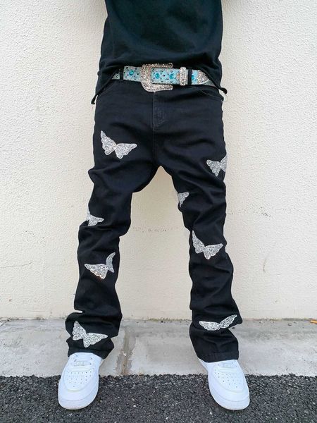 

men's jeans ice same remake butterfly ironing jeans wide leg pants, Blue