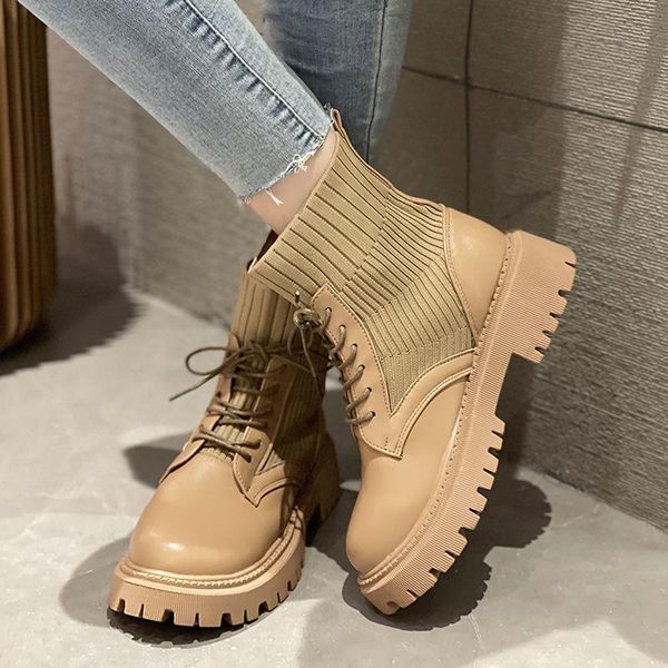 

boots autumn motorcycle for women 2021 elastic cloth knit woman ankle platform shoes lace up pu leather botas mujer, Black