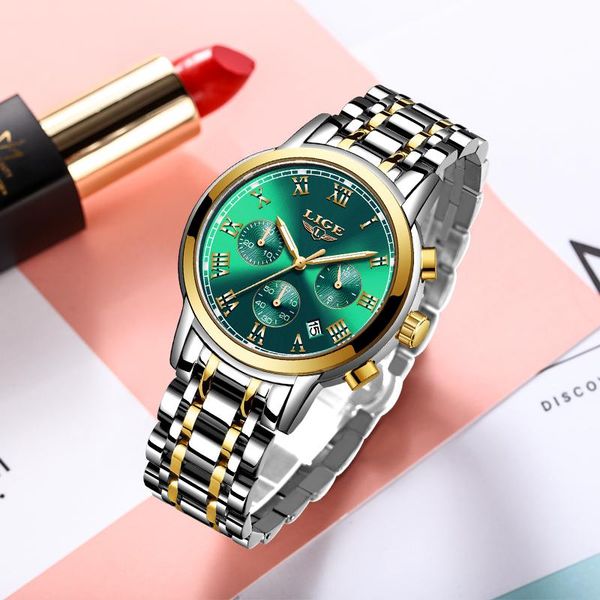 

wristwatches watches women water ghost green stainless steel lige casual quartz clock ladies wristwatch relogio feminino, Slivery;brown