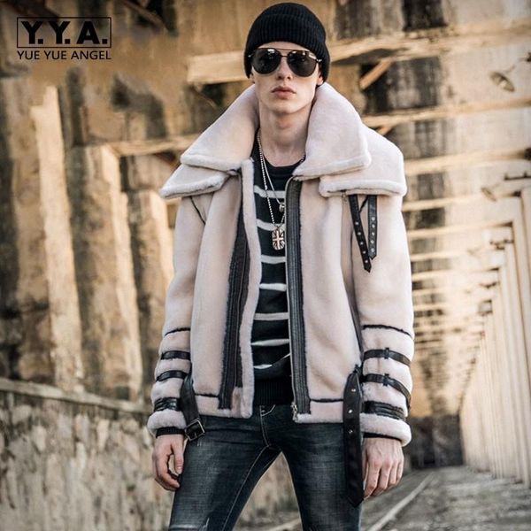 

men's leather & faux mens winter lamb wool motorcycle jacket thick sheep real fur coat male plus size shearling biker overcoat p, Black