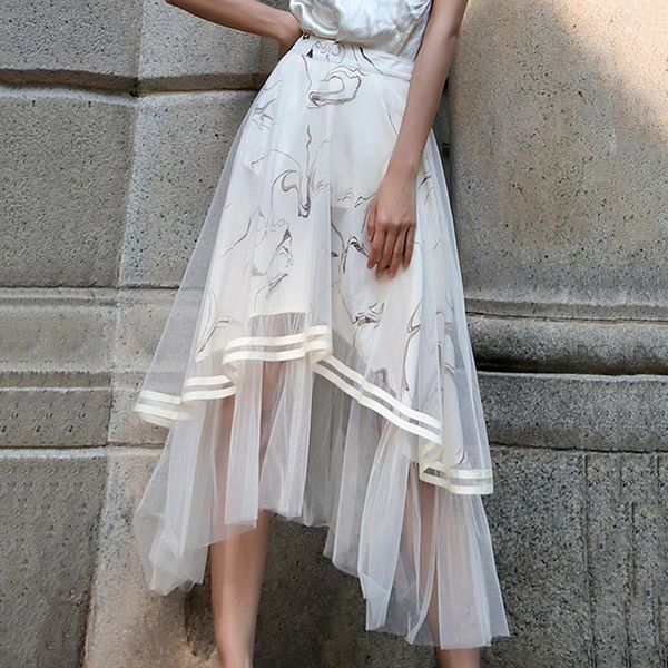 

skirts lanmrem pre sale 2021 vintage skirt tide summer bottoms fashion printed mesh irregular patchwork a- line yj577, Black