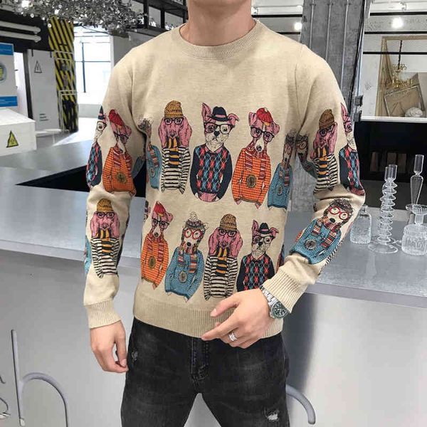 

men's sweaters autumn and winter round neck dog pattern slim fit knitted pullovers casual sweater outwear herentrui uzfz, White;black