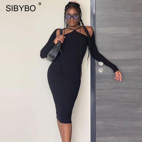 

casual dresses sibybo rib knit black maxi dress women autumn off shoulder long sleeve bodycon 2021 femme hollow out party vestidos, Black;gray