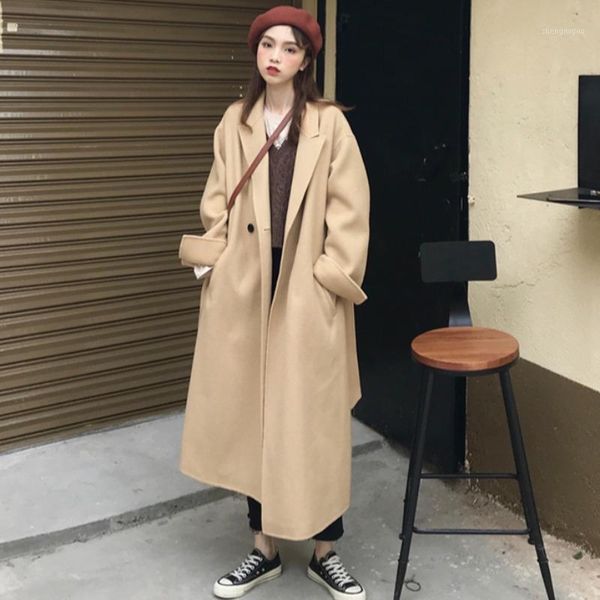 

autumn 2021 thickened long medium length woolen coat small loose versatile trench women's wool & blends, Black
