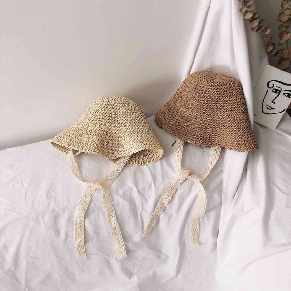 

summer korean style strappy straw hats for boys and girls cute caps 210508, Yellow