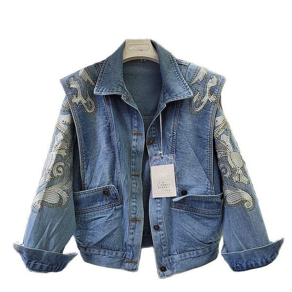 

women's jackets women long sleeve blue denim jacket 2021 early spring rhinestone embroidery lapel single-breasted short coat, Black;brown
