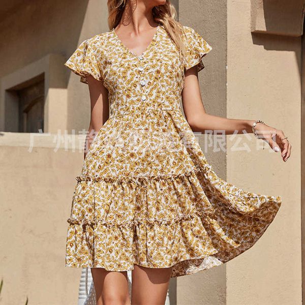 

print 2021 summer v-neck short sleeve chiffon lady versatile dress, Black