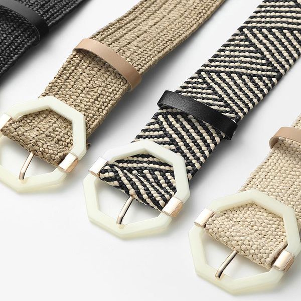 

belts lady elastic waist straps female fake straw weave belt octagon plastic buckle retro waistband bohemian style, Black;brown