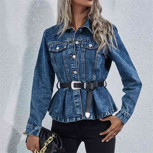 Streetwear feminino feminino cintura lapela azul jean jaqueta corda denim feamle outono inverno denim jaquetas mulheres casacos 210508