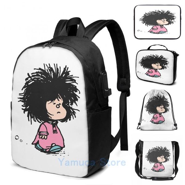 

backpack graphic print mafalda with ly-raised disheveled nightgown quino argentina usb charge men school travel lapbag