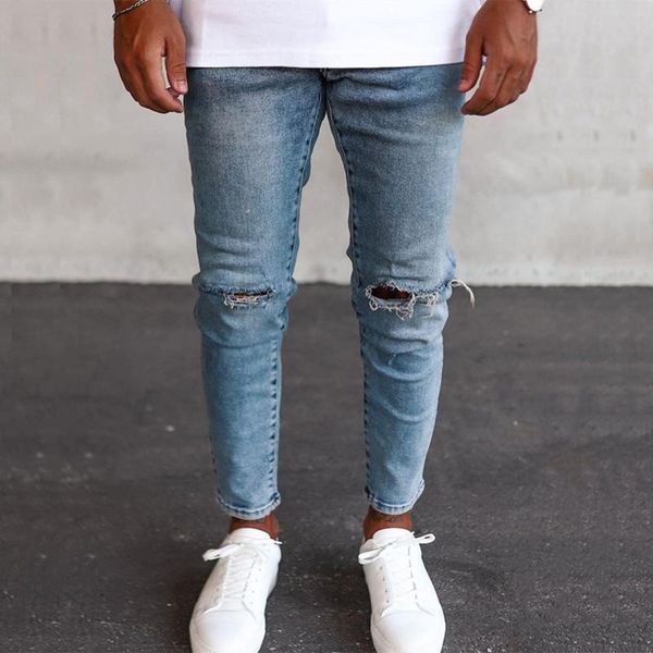 

men's jeans slim retro personality ripped hole fashion street casual hip hop male denim pants high-quality clothing, Blue
