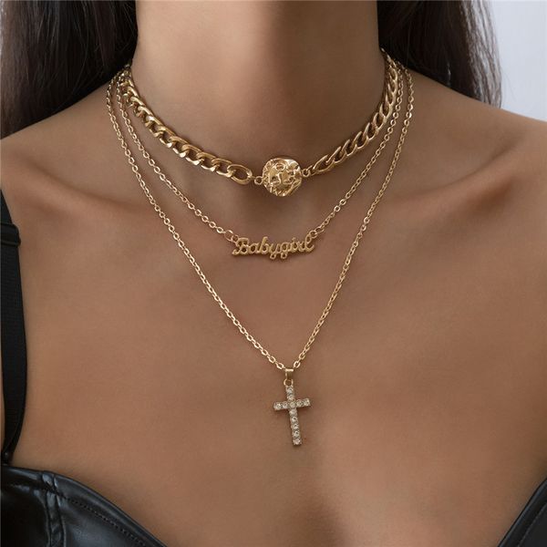 

european diamond cross pendant necklace women letter face thin thick clavicle chain multi layer alloy gold necklaces jewelry accessories who, Silver