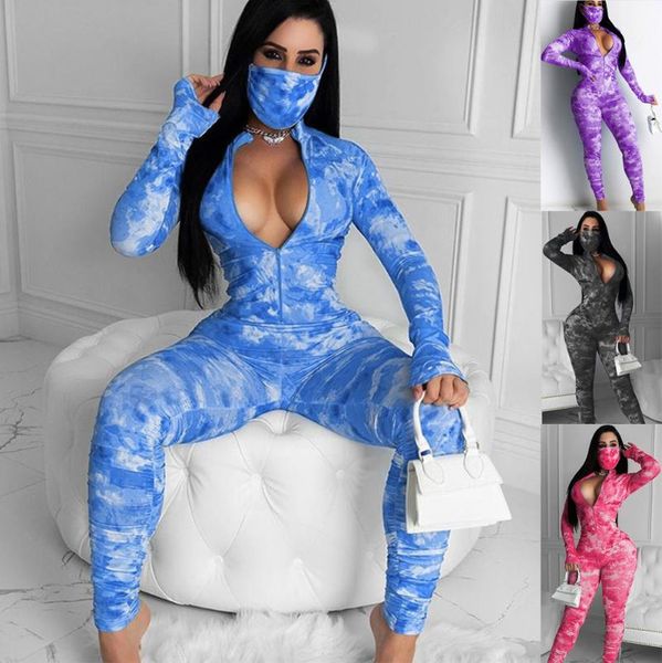 

women's pants & capris 2021 autumn style, fashion sports pants, high waist tight hip,casual tie dyed zipper jumpsuit, wear,deep v-neck, Black;white