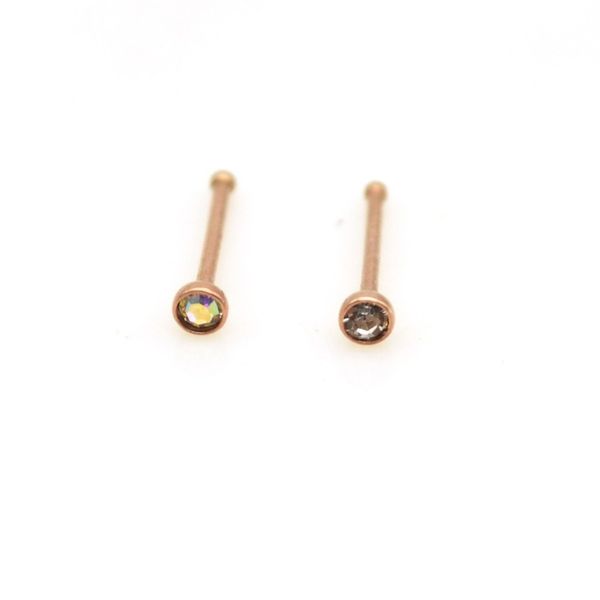 Rose Gold Naso Stud Stud Clear ab Crystal 2mm Gem 22G Bone dritto 316L Acciaio inossidabile Rhinestone Ganci per barra