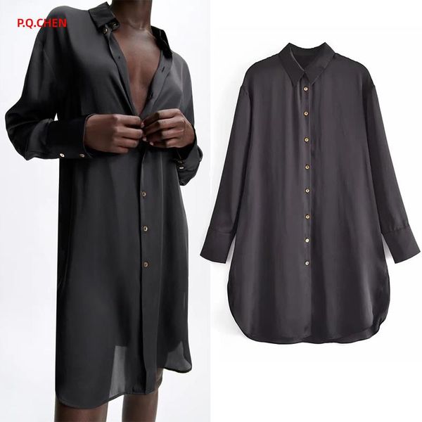 

women's blouses & shirts p.q.chen black long shirt women 2021 oversize satin blouse female collared sleeve button up woman casual summe, White