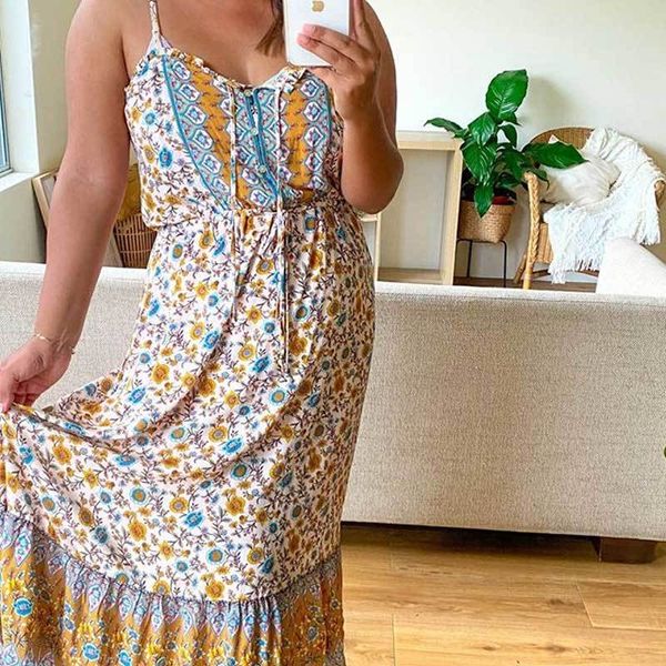 

inspired floral straps summer dresses buttons down long dress sleeveless dress for women new boh beach dress plus size 210412, Black;gray