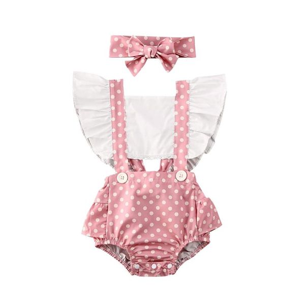 

baby summer clothing toddler girl dots ruffle backless playsuit bodysuit headband outfits set patchwork sunsuits sets, White