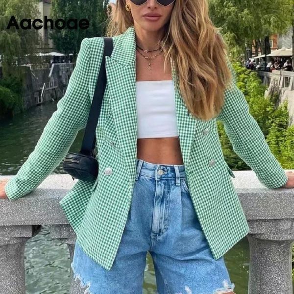 

women's suits & blazers aachoae women vintage plaid tweed autumn elegant double breasted long sleeve jacket coats female office wear bl, White;black