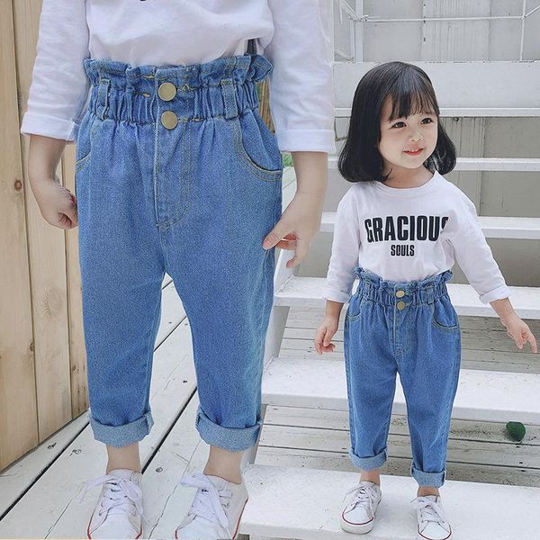 

korean boys and girls' high waist jeans children's buttons long pants elastic belt lower garment, Blue