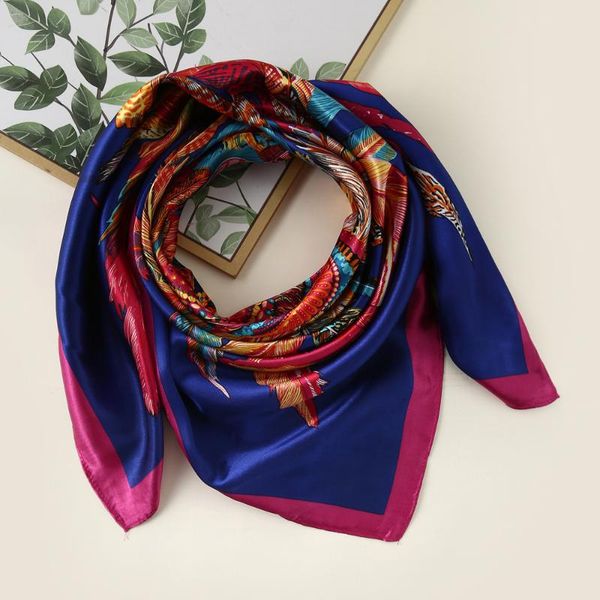 

scarves lady silk scarf feather crown square 90cm large oil painting splicing holiday travel shawl as a present, Blue;gray