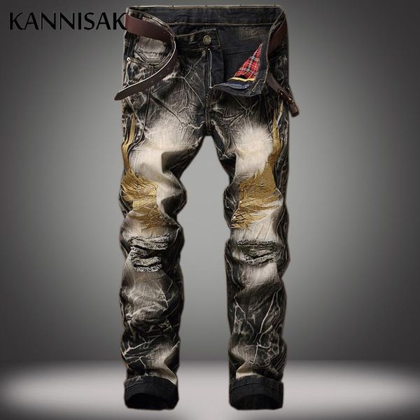 

men's jeans kannisak ripped hole men embroidery streetwear moto bikers male vintage full length straight denim pants fashion trousers, Blue