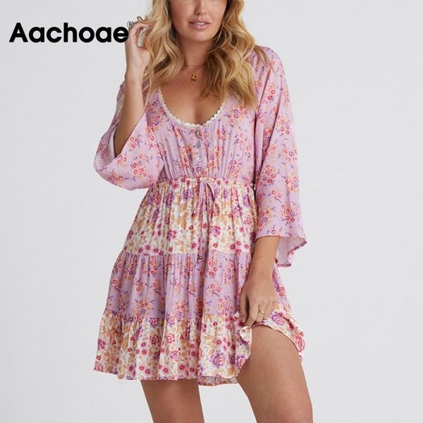 

elegant o neck floral print mini dress women flare sleeve bow tie elastic waist dresses summer a line holiday sundress 210413, Black;gray