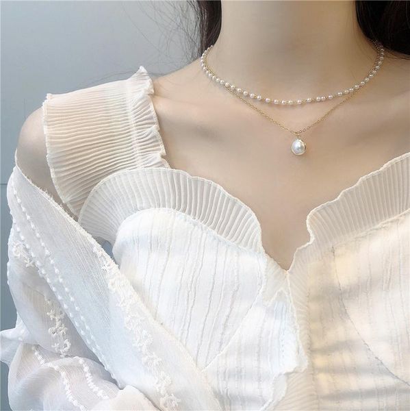 

fashion kpop pearl choker necklace cute double layer chain pendant for women jewelry girl gift necklaces, Silver