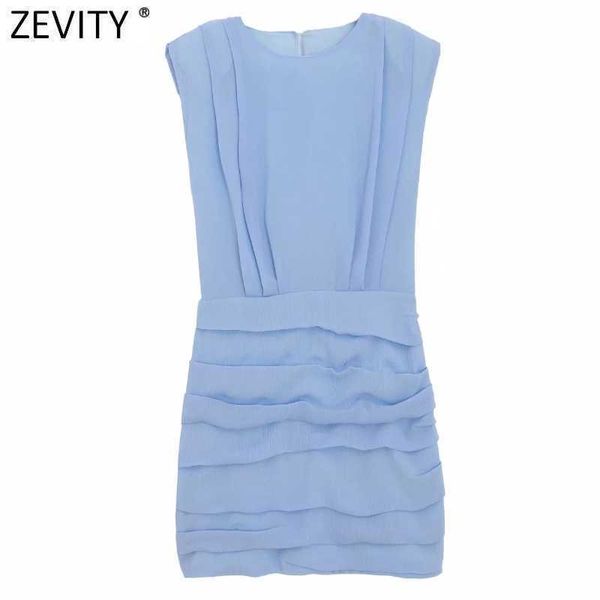 

zevity women fashion solid color pleated slim mini dress summer female chic o neck sleeveless chiffon vest party vestidos ds8500 210603, Black;gray