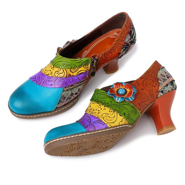 

dress shoes vintage bohemia genuine leather clover pattern splicing colorful floral lace zipper comfortable pumps brogue, Black