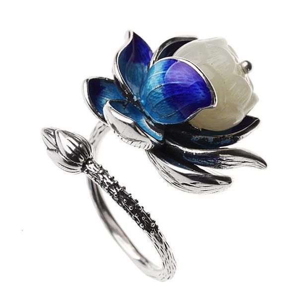 Anelli a grappolo Design retrò Anello di loto in smalto blu con pietra naturale bianca per donna che apre il regalo di gioielli in stile fiore regolabile