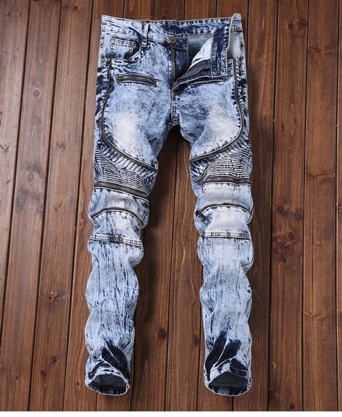 

mens jeans high street pleated slim stretch jeans zipper design long denim blue hip hop pants pencil pants for male
