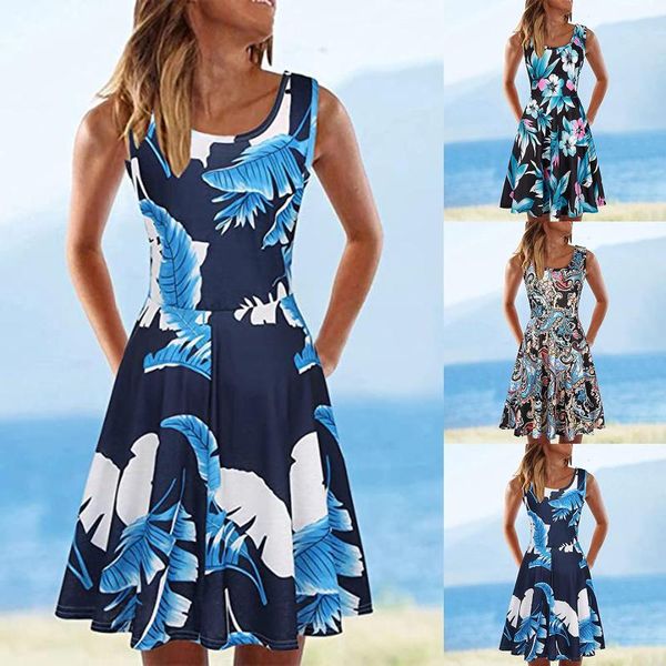 

women's swimwear beach boho print dress 2021 o-neck sleeveless loose a-line plus size 2xl summer women casual dresses vestidos, White;black