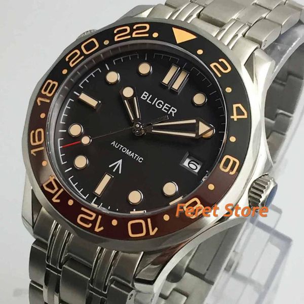 

wristwatches bliger 41mm black dial automatic mens watch brown bezel sapphire crystal luminous waterproof date function mechanical wristwatc, Slivery;brown