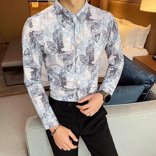 

british plant print slim fitting long sleeve shirt men's 2021 spring heren hemden retro men male flower dress shirts, White;black
