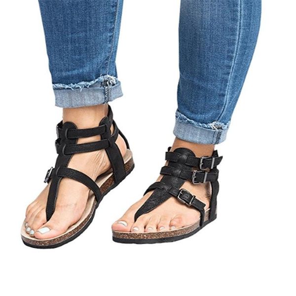 

woman sandals summer flat retro belt buckle flip flops female casual shoes gladiator women sandalia feminina, Black