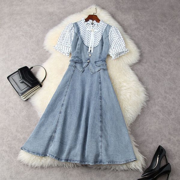 

casual dresses spring summer short sleeve round neck ribbon bow polka dot panelled blue denim mid-calf dress elegant 21m2511994 ywsp, Black;gray