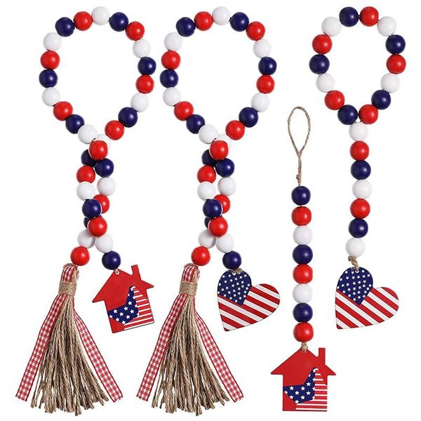 

pieces patriotic independence day wood bead garland with american flag, farmhouse rustic heart house decorative flowers & wreaths